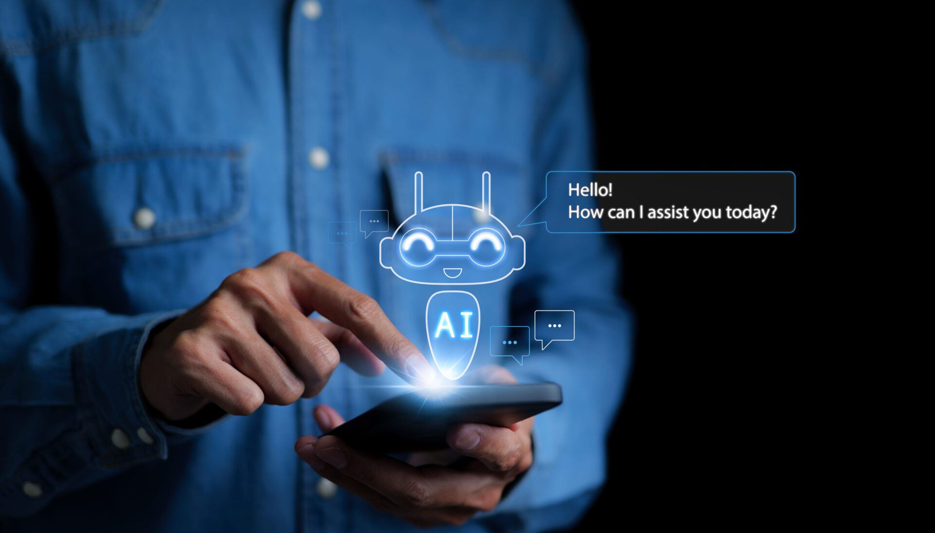 Man using a smartphone chatting with an intelligent artificial intelligence asks for the answers he wants