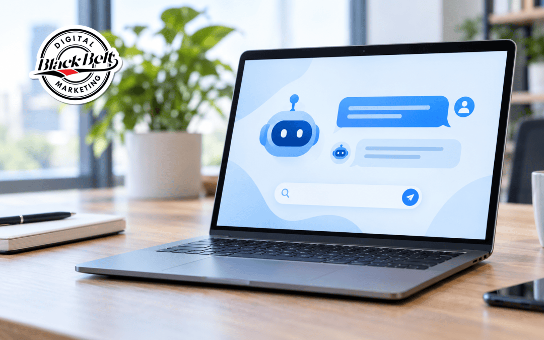 Laptop screen showing an AI chat assistant interface with the Black Belt Digital Marketing logo, representing AEO and AI search visibility