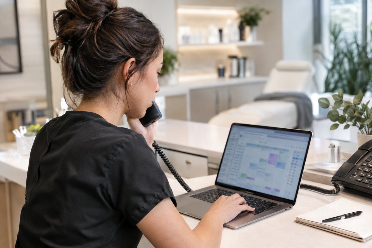 Med spa staff member answering a phone call while checking the appointment calendar on a laptop