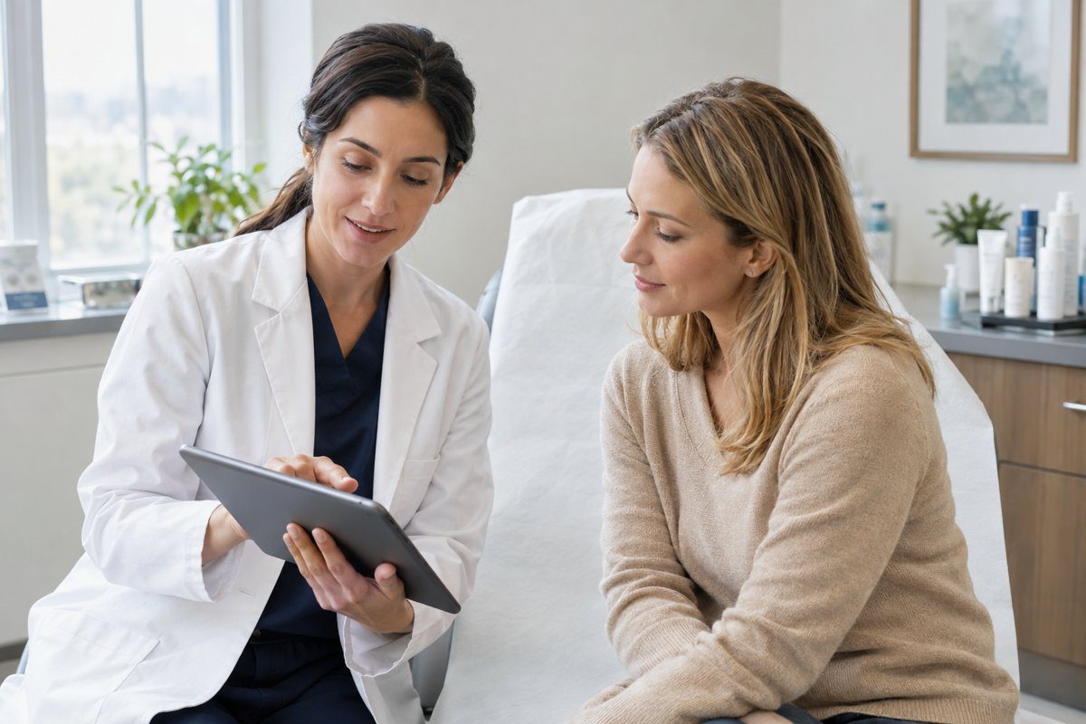 Dermatologist reviewing skin care options on a tablet with a patient in an exam room