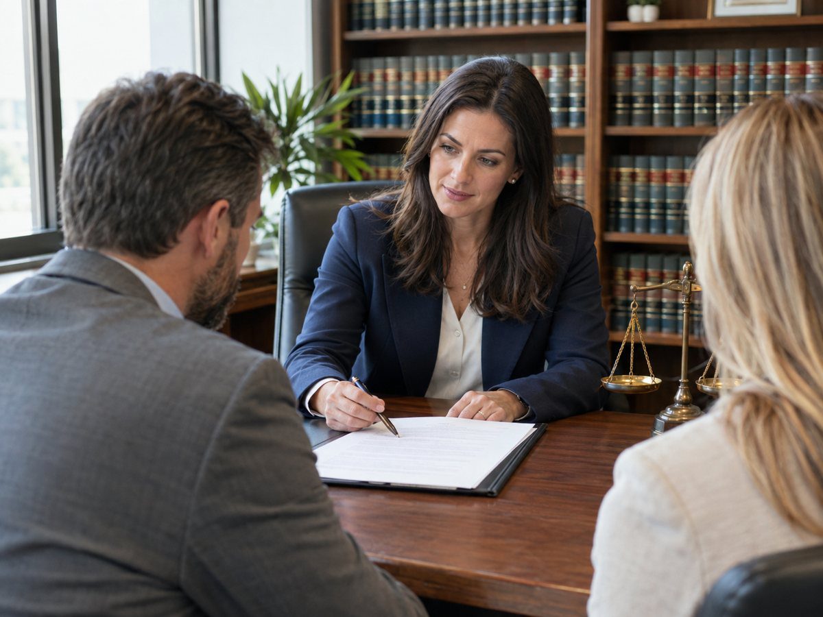 Attorney meeting with clients in a law office to discuss their case Attorney meeting with clients in a law office to discuss their case