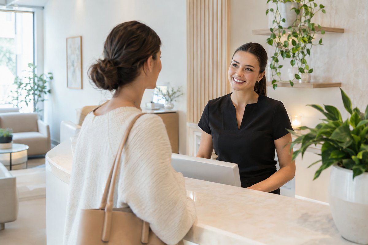 Front desk coordinator greeting a client at a modern medical spa reception desk