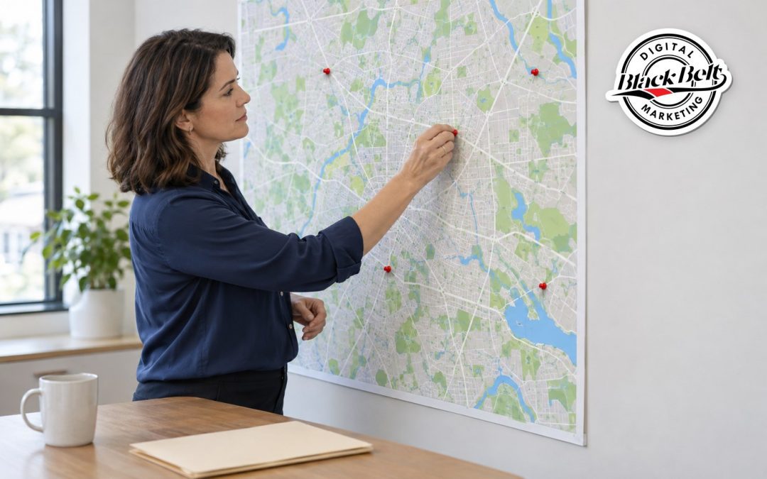 Multi-location SEO planning: business manager marking several locations on a wall map